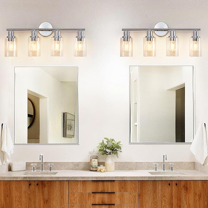 DLLT 4-Light Bathroom Light Fixtures: Chrome Modern Vanity Lights with 4 E26 Bulbs - Clear Glass Shade Bathroom Wall Lamp for Mirror Kitchen Living Room Hallway Cabinet Porch