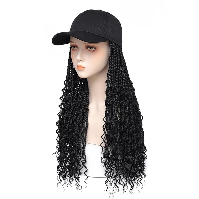 GUOJIAN Goddess Box Braiding Baseball Cap Wig, Black Bohemian Curly Ends Box Braids Hat with Braided Hair Extensions for Black White Women, Synthetic Braids Hat Wig with Hair Attached