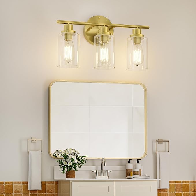 GORDNWE Modern Vanity Light Fixtures, 3 Light Brushed Gold, E26 Bulb Base, Farmhouse Style Over Mirror Lighting