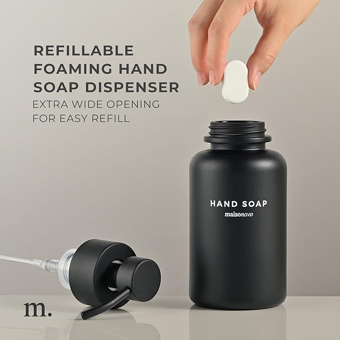 MaisoNovo Glass Foaming Hand Soap Dispenser 14 Oz | Black Foaming Soap Dispenser Black Plastic Pump x 1 w/Labels