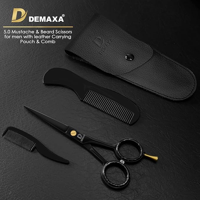 5" Professional Mustache Scissors Beard Scissors for Men with Fine tip Tweezers 1 Mustache Comb 1 Beard Comb & Pouch – Beard Trimming kit & Mustache Kit (Black Shears With Tweezer)