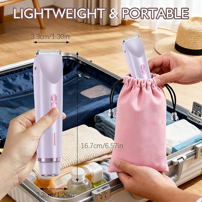 Bikini Trimmer for Women, 2 in 1 Dual-Head Electric Shaver for Women Pubic Hair, Waterproof Wet/Dry Use Body Hair Trimmer and Face Razors, Rechargeable Hair Removal for Bikini Legs Face Underarm Arm