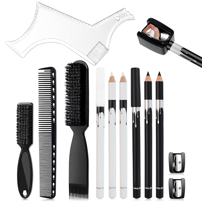 DUAIU 12Pcs Beard Shaper Tool Kit for Men Grooming, White Black Barber Pencil for Lineup Edging with Sharpener, Hairline Beard Guide Shaping Barber Comb Clipper Cleaning Brushes Hair Combs Set