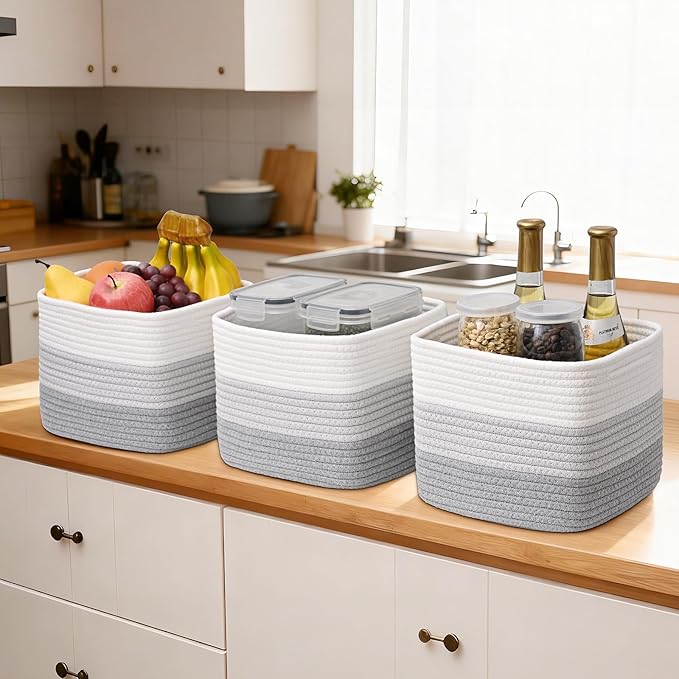 3 Pack Cube Storage Bin, 9”x9”x7” Cotton Rope Woven Baskets for Organizing Toys Clothes Towels, Square Gift Storage Baskets for Shelf, Nursery, Closet, Bathroom, Pantry (3-Tone Gray)