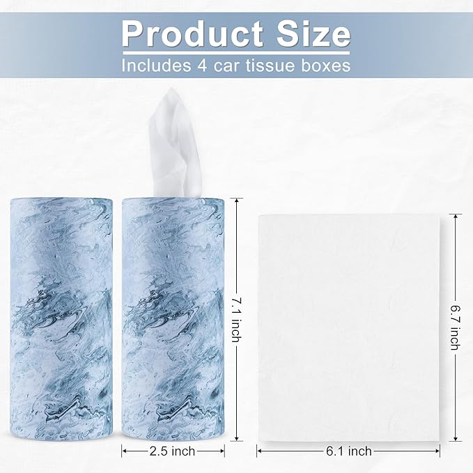 SINGARO Car Tissue Holder, 4 Pack Car Cup Holder Facial Tissues with Travel Tissue Bag, Quick and Convenient Flower Combination Car Tissue Box(4 Canisters/200 Tissues) Blue