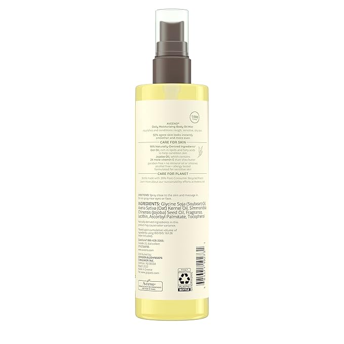 Aveeno Daily Moisturizing Body Oil Mist with Oat & Jojoba Oil for Dry Sensitive Skin,Nourishing Body Spray for Smoother Skin,Paraben-,Silicone- & Alcohol-Free,6.7 fl. oz,(Pack of 4)