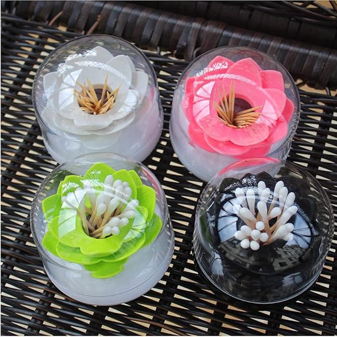 Bloss 2 Pack Qtip Holder Dispenser with Lid Lotus Cotton Swab Holder Cotton Swabs Bud Small QTips Box Toothpicks Holder Flower Bathroom Decor (Black + White)…