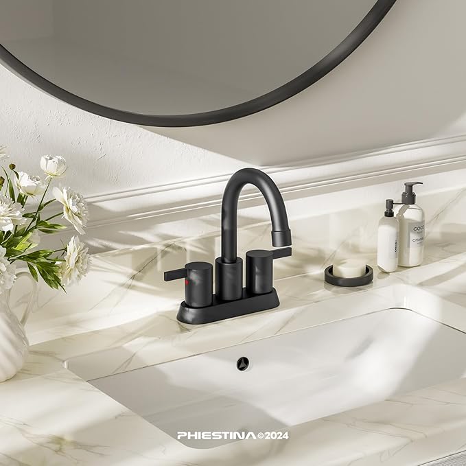 Phiestina 4 Inch 2 Handle Centerset Matte Black Lead-Free Modern Bathroom Faucet 2 Pack, 360 Swivel Spout 2-3 Hole RV Bathroom Vanity Sink Faucet with Pop Up Drain,Water Supply Lines,BF15-1-MB-2PACK