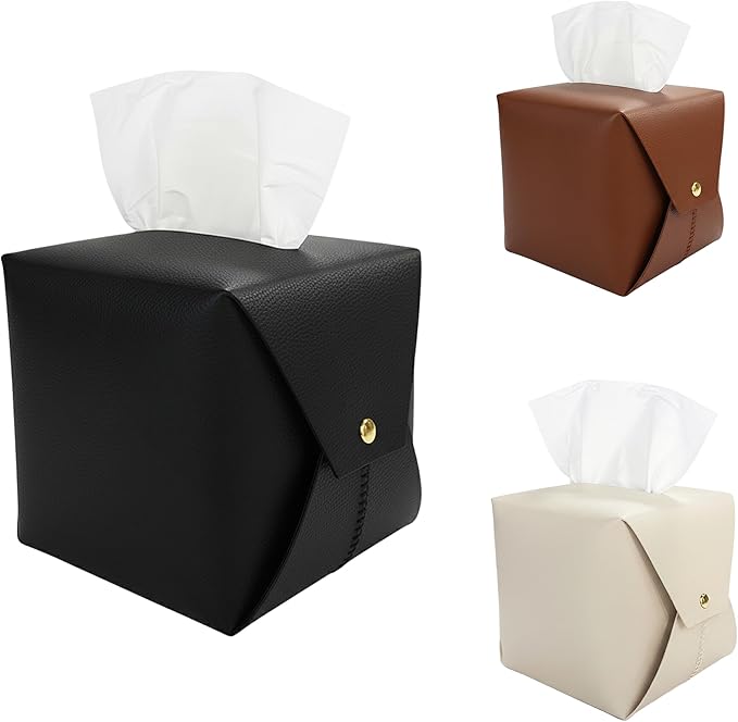 Tissue Box Cover Square, Leather Tissue Holder Organizer with Side Snap for Bathroom, Vanity, Tabletop, Office (3Pack-Mix)