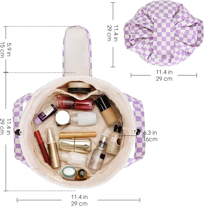 Narwey Barrel Drawstring Checkered Makeup Bag Large Cosmetic Bag Make up Bags Toiletry Bag Travel Bags for Toiletries Organizer for Women Gift for Teen Girls (Purple Checkerboard) (Patent)