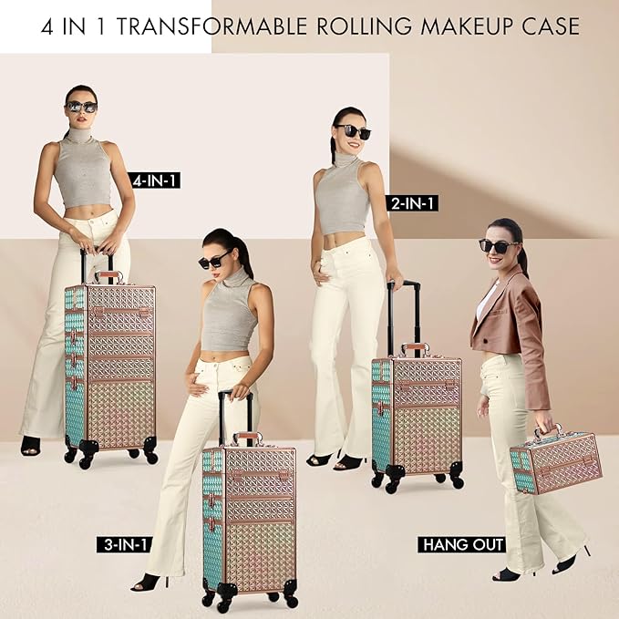Stagiant Rolling Makeup Case Cosmetology Case on Wheels 4 in 1 Large Cosmetic Organizer Train Case Makeup Travel Case with Key Swivel Wheels Nail Artist Salon Storage Traveling Cart Trunk Rose Gold