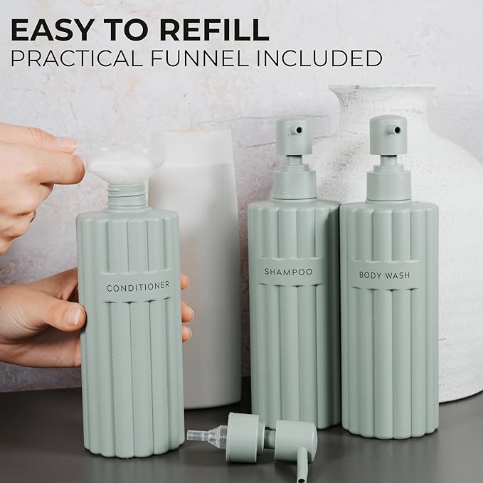 Stylish Shampoo and Conditioner Dispenser Set of 3 - Modern 19oz Shower Soap Bottles with Pump and Labels - Easy to Refill Body Wash Dispensers for an Instant Bathroom Decor Upgrade