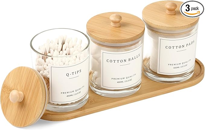 3 Pack Qtip Holder - Bathroom Organizers and Storage, Cotton Round Pad Swab Holder Dispenser Floss Pick Holder with Tray, Glass Apothecary Jars with Lids, Cotton Ball Container - Clear