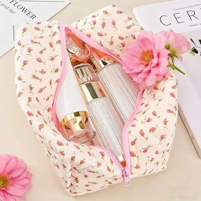 Floral Makeup Bag,Floral Quilted Makeup Pouch,Large Cosmetic Bag,Fashionable Travel Makeup Pouch, Cute Pink Makeup Bag,Puffy Coquette Make up Bag, Attractive Quilted Make up Bag