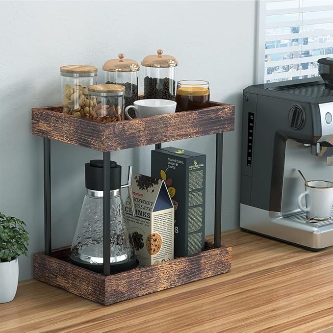 2 Tier Bathroom Organizer Countertop, Wooden Bathroom Trays for Counter Vanity Organizer Cosmetic Storage Vanity Organizer, Coffee Station Organizers, Kitchen Spice Rack