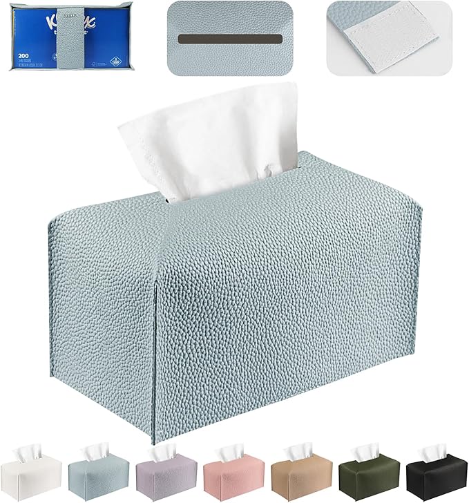 Tissue Box Cover PU Leather Tissue Holder Rectangle Facial Tissue Case Tissue Box Organizer Dispenser for Bathroom, Kitchen, Home, Office, Tabletop (Blue, Tall)