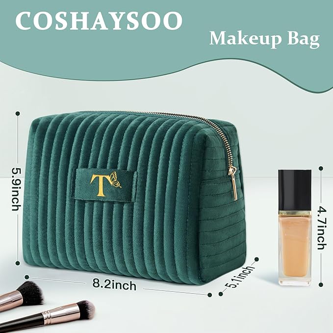 COSHAYSOO Travel Makeup Bag Quilted Make Up Pouch Initial Velvet Cosmetic Case with Butterfly Decorations for Womens Fashion Trending Birthday Easter Valentines Gifts Ideas Unique Green Letter T