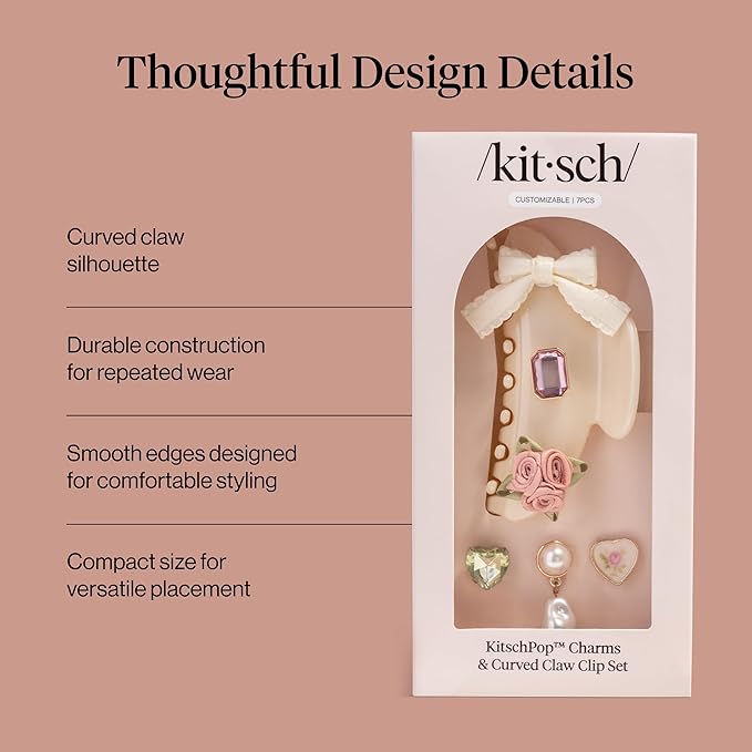 KitschPop ™ Hair Clips For Women with Charm Sets -Customizable Curved Claw Clip With Interchangeable Collectible Cute Charms | Ideal Gifts For Women - Vintage - Pearlized Cream, 7pcs Set