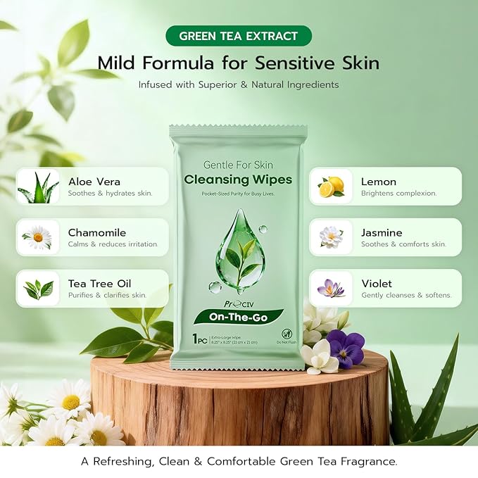 Green Tea Facial Cleansing Wipes, Extra Large No Rinse Cleansing Cloths for Body, Gentle Cleanse, Soothe & Hydrate, Travel Essentials & Disposable for Post Workout Cleanup & Elderly Hygiene, 60 Count