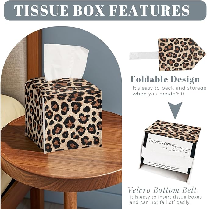 Leopard Print Tissue Box Cover Cute Animal Brown Black Leather Tissue Box Holder Square Facial Paper Organizer Dispenser for Bathroom Kitchen Bedroom Vanity Countertop Night Stands