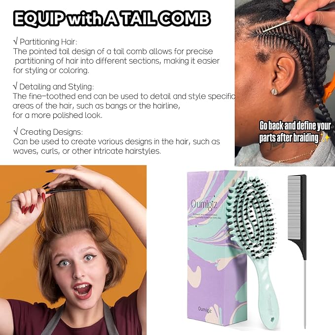 Curl Defining Brush, Boar Bristle Detangling Hair Brush for Women Girls Thick Curly Wavy Hair Wet Dry Use, Fast Blow Drying Vented Styling Hairbrush, Smoothing Hair No Tangle (Turquoise)