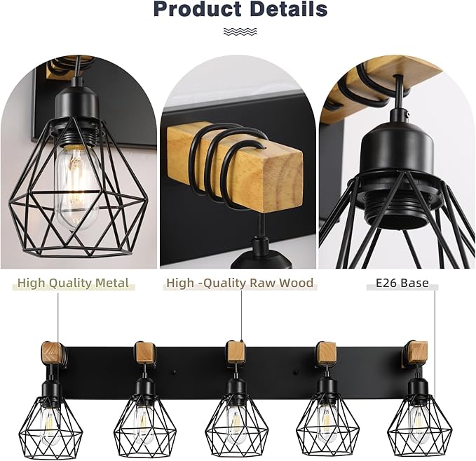 5-Light Farmhouse Bathroom Vanity Light Fixtures, Wood Bathroom Light Fixtures Over Mirror, Rustic Sconces Wall Lighting with Elegant Metal Lampshade for Living Room, Bedroom, Hallway