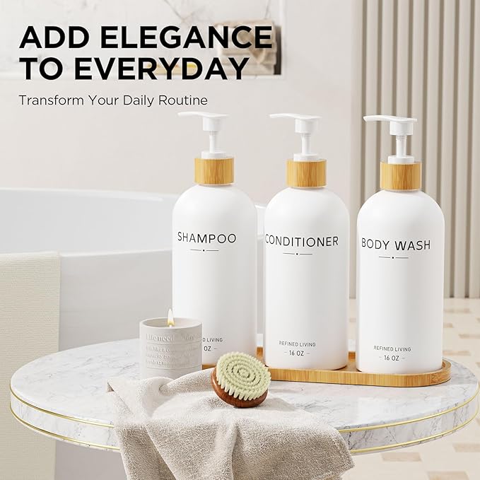 Shampoo and Conditioner Dispenser Set,Shower Soap Dispenser for Bathroom,Refillable Shampoo and Conditioner Bottles with Bamboo Pump and Tray,Soap Dispenser Bathroom for Shower (White, 3-Pack)
