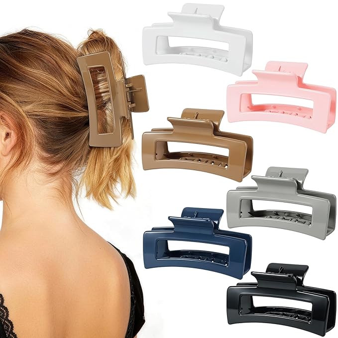 Auseibeely 6 Pcs Large Claw Clips for Thick Hair, 4.1 Inch Square Claw Clip for Women Girls, Strong Hold Hair Clips for Thick/Long/Curly Hair, Non-slip Banana Jaw Clip Accessories, Multicolor