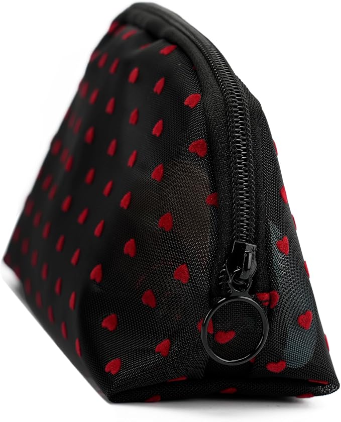 Portable Mesh Makeup Bag with Zipper Small Travel Toiletry Bag Lightweight Cosmetic Pouch (Black&Red Heart Half Round)