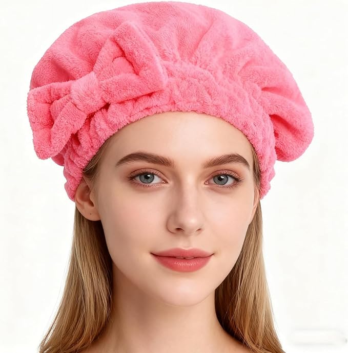 HOPESHINE Microfiber Hair Towel Cap for Women Wet Short or Long Curly Hair Super Absorbent Quick Dry Turbans Anti Frizz Great Gift for Women and Girls (Black+Rose red, 2)