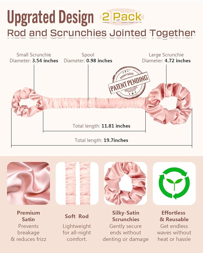 BONNET QUEEN Heatless Hair Curler Set (2Pcs), Heatless Curls Overnight with Satin Hair Rollers, All-in-One Curling Rod for Hair Curlers to Sleep In, Cream Pink(For Bouncy Curls)