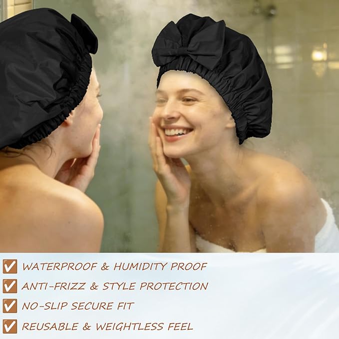 Reusable Shower Cap for Women with Stylish Bow, Non-Slip Waterproof Anti Humidity Bathing Cap, Roomy Anti Frizz for Short Medium Straight Wavy Hair, Soft Elastic & Machine Washable, Black