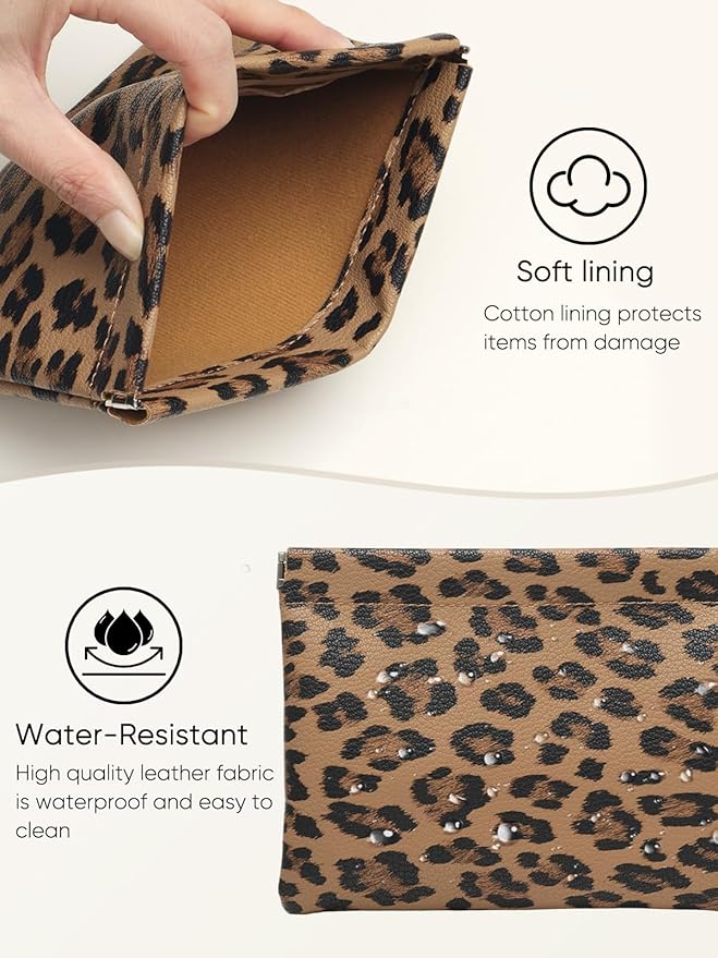 2 Leopard Leather Small Makeup Pouches Set for Women,Cosmetic Accessories,Waterproof and Portable Cosmetic Bags,Self-closing,No Zipper, Aesthetic Storage Pouch,Lipstick for Purse, Brown