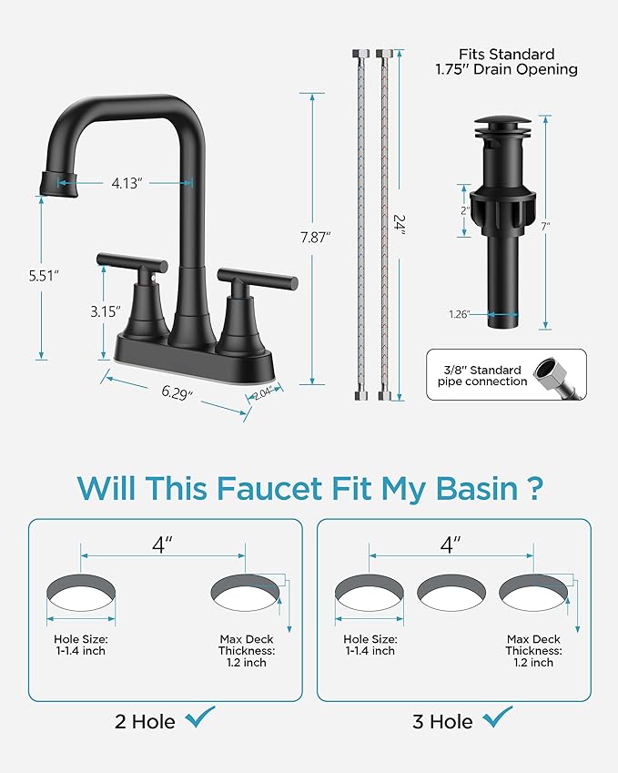 FORIOUS RV Bathroom Sink Faucet 2 or 3 Hole Matte Black, 4 Inch Cenerset Bathroom Faucet with Pop-up Drain for Vanity Restroom and Supply Lines, 2-Handle Design
