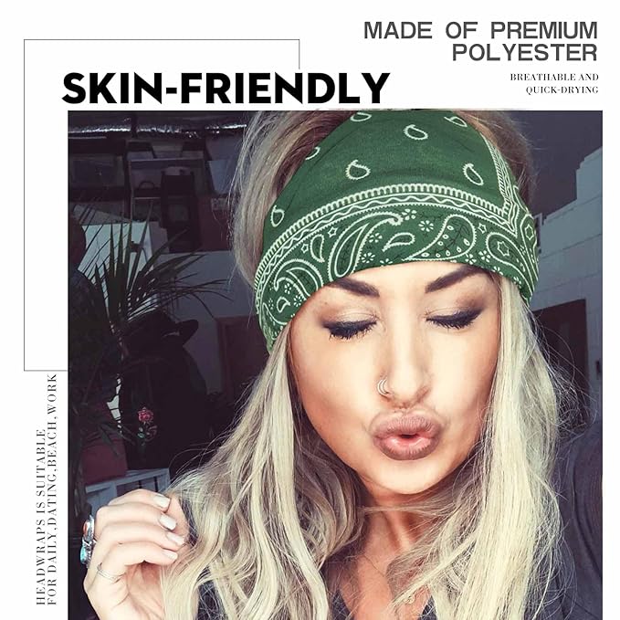 Olbye Wide Boho Headbands Floral Stretch Head Wraps Bohemian African Turban Hairbands Knotted Bandana Headband Yoga Running Head Scarfs Workout Hair Accessories for Women 4Pcs (Bohemian, 9.4 * 5.9'')