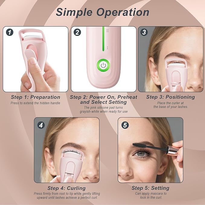 Heated Eyelash Curler, Type-C Rechargeable with 3 Temp Settings & Safe Silicone Pad for Natural Curls, Travel-Friendly (Pink)