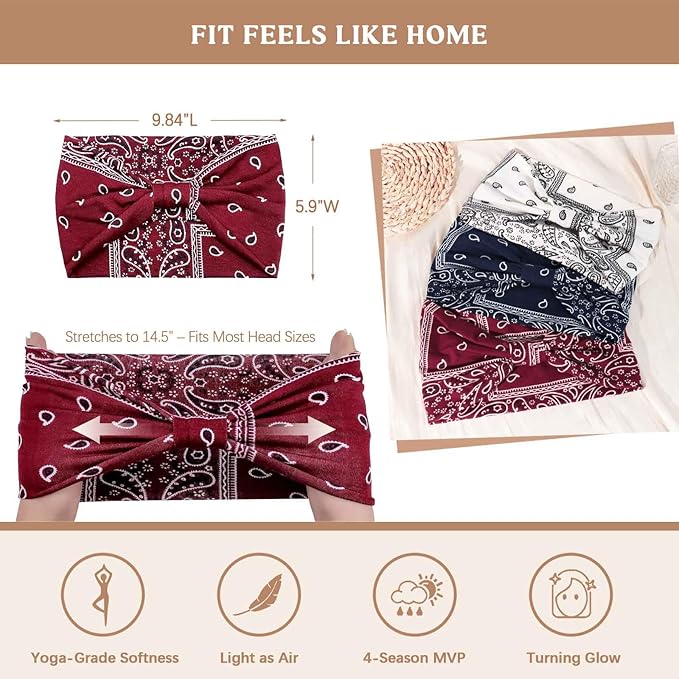 Wide Headbands for Women Knotted No Slip Head Bands Soft Turban Headband Hair Accessories Boho African Solid Color Head Wraps for Women Yoga Workout Pack of 6(Boho)