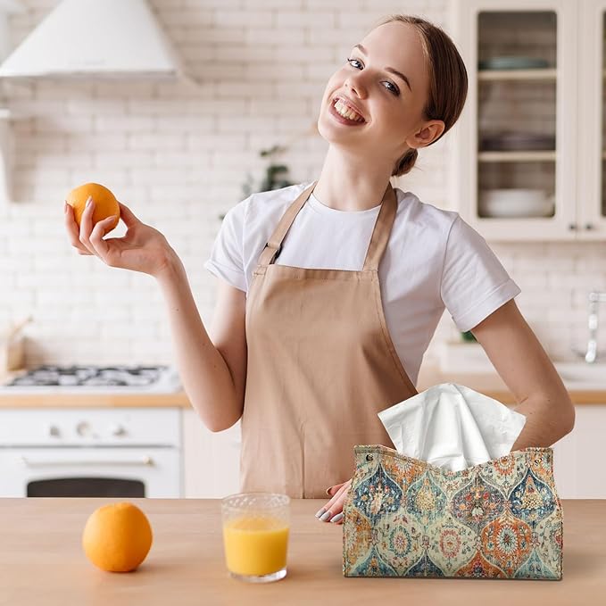 Boho Tissue Box Cover Rectangle, Orange Tissue Box Decorative Vintage Boho Decor Tissue Holder, Farmhouse PU Leather Cottagecore Decor for Bathroom Kitchen Desk 9.8x5.9x5.9