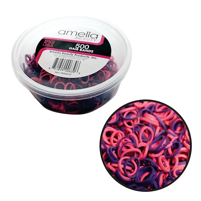 Amelia Beauty | 500 Count 1/2" Rubber Bands | Premium US Made Rubber Hair Ties | Ideal for Ponytails, Braids & Beards | Strong All Day Hold | Convenient Re-closable Container | Purple and Fuchsia Mix