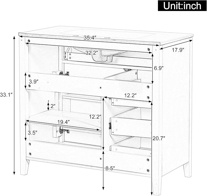 Harper & Bright Designs 36" Bathroom Vanity with Sink, Free Standing Vanity Set with 4 Drawers, Storage Racks, and Adjustable Shelf, Wood Bathroom Cabinet with Ceramic Basin for Bathroom, Blue Grey