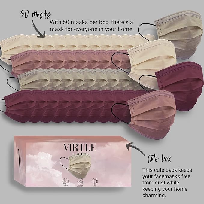 VIRTUE CODE Support Face Masks - Soft 3 Ply Comfort Face Masks, Colorful Disposable Face Mask 50 Pack. Earth Tones Colored Masks. Adults Mens and Womens Disposable Face Masks