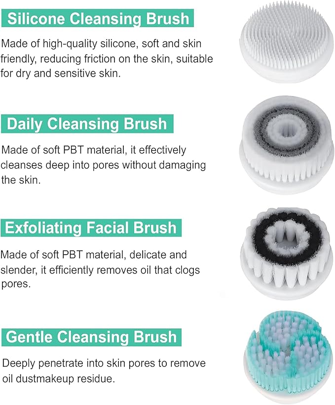 Facial Cleansing Brush, Electric Face Scrubber with 4 Cleanser Heads and 2 Speeds Adjustable for Deep Cleaning, Portable Rechargeable and Waterproof Face Wash Brush for Women & Men (Green)