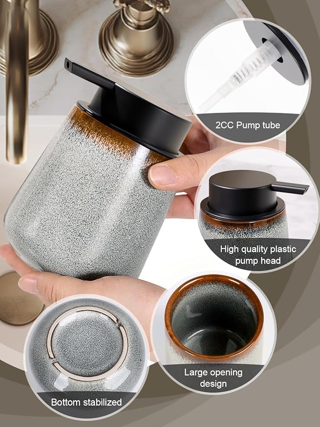 INGOFIN Ceramic Lotion Dispenser - 12 oz Refillable Hand Soap Dispenser Bathroom, Modern Liquid Dispenser with Pump, Dish Soap Dispenser for Kitchen, Kiln-Glazed Grey White