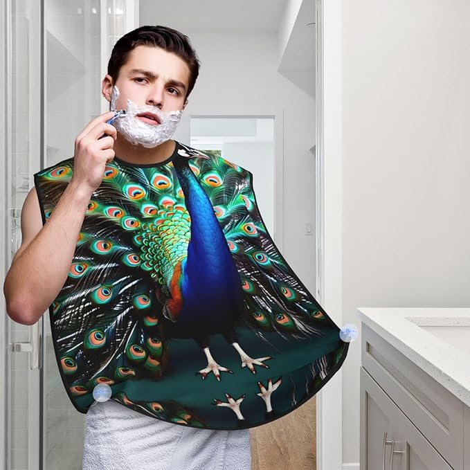 Beautiful Peacock Print Beard Bib Shaving Apron, Beard Hair Trimming Cape Gift For Dad