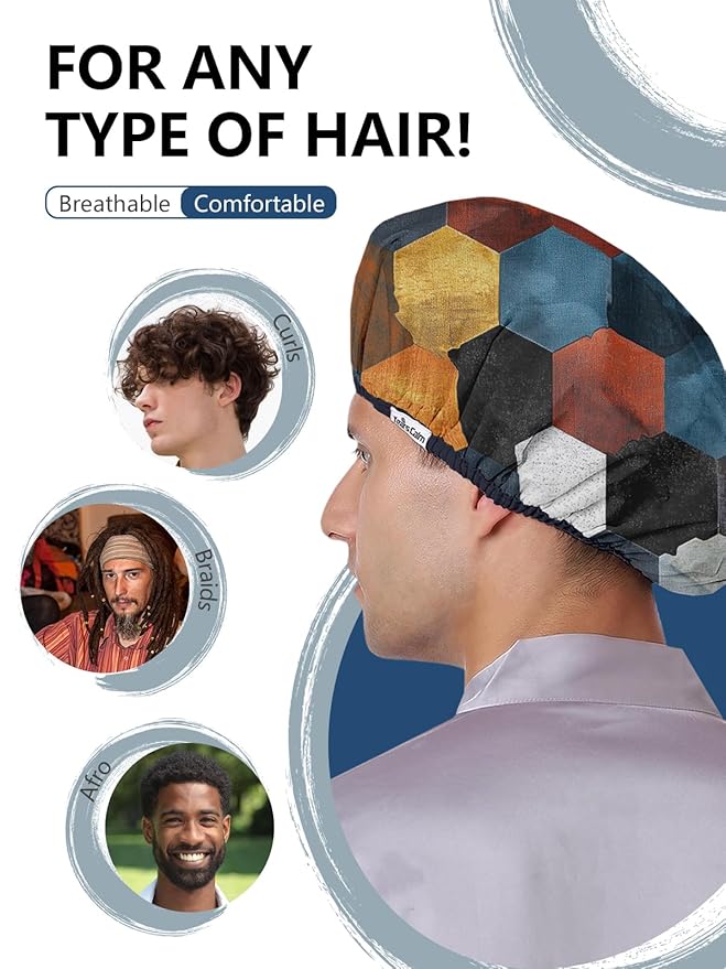 Years calm Men Shower Cap Reusable Waterproof, Dual-Layer Design, Double-Sided Use,Protects Hair in Shower, Spa,Travel & Cooking, Adjustable Elastic for Comfortable Fit (Colorful Geometric, One Size)