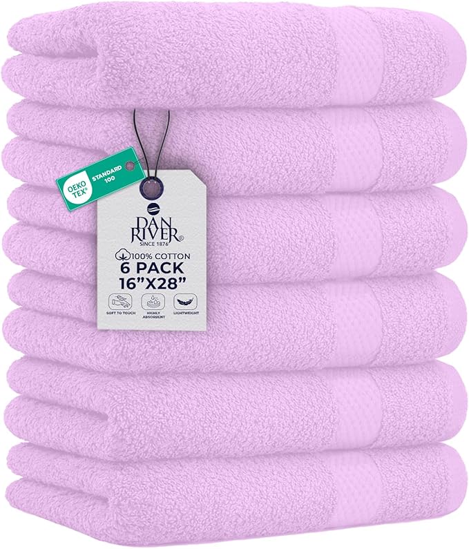 DAN RIVER 6-Pack Premium Hand Towels (16x28 Inches) - 100% Cotton, Ultra Soft, Lightweight, Highly Absorbent Towels for Bathroom, Spa, Gym, Salon, Hotel, and Travel - Lavender