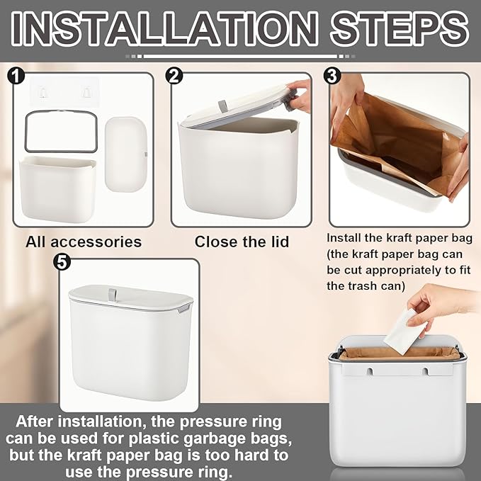 Tioncy 1 Pack Sanitary Napkin Disposal Receptacle with 50 Pcs Waxed Feminine Hygiene Bags Tampon and Pad Holder for Bathroom with Lid Kraft Paper Liner Bag Wall Hanging Trash Can Kitchen Compost Bin