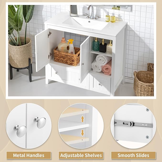 VINGLI 36" Modern Bathroom Vanity with Ceramic Sink, White Bathroom Vanity Cabinet w/2 Stripe Doors & 2 Drawers, Bathroom Sink Cabinet Combo, Floor Storage Cupboard w/Open Shelf for Bathroom