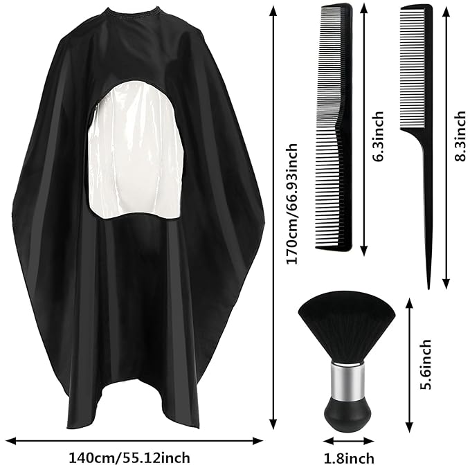 FEBSNOW Professional Black Barber Cape with Neck Duster Brush Large Hair Cutting Cape with See-Through Window Water-Repellent Salon Cape with Adjustable Elastic Neckline 55 Inch x 66 Inch