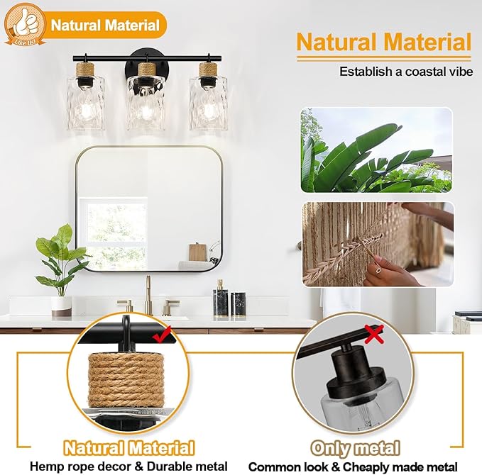 Bathroom Light Fixtures, 3-Light Coastal Vanity Lights with Crystal Glass Shade, Black Bathroom Wall Lamp for Mirror Kitchen Hallway Cabinet